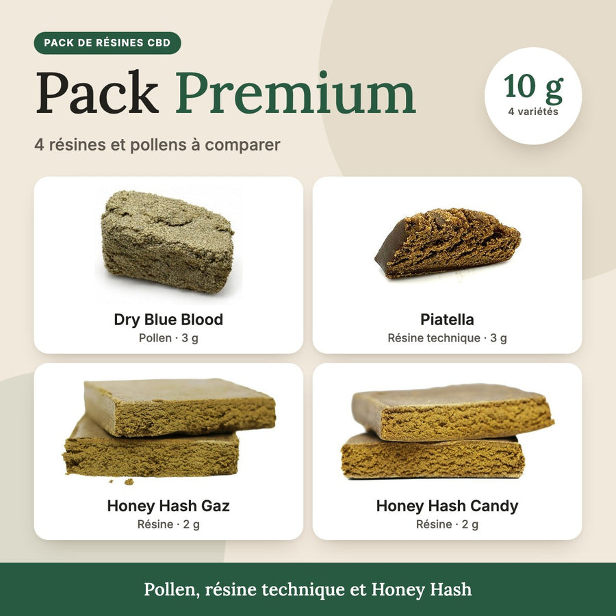 Pack Résines CBD Premium – 4 variétés (10 g) : Dry Blue Blood, Piatella, Honey Hash Gaz et Honey Hash Candy