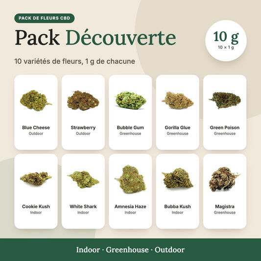Pack Fleurs CBD Découverte : dix variétés de fleurs de chanvre CBD, 1 g de chacune