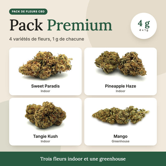 Pack Fleurs CBD Premium : Sweet Paradis, Pineapple Haze, Tangie Kush et Mango, 1 g de chacune