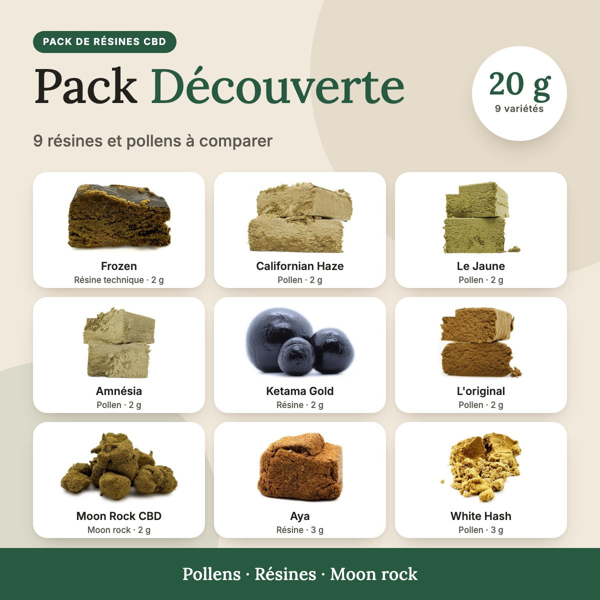 Pack Résines CBD Découverte – 9 variétés (20 g) : pollens, résines, résine technique et moon rock CBD