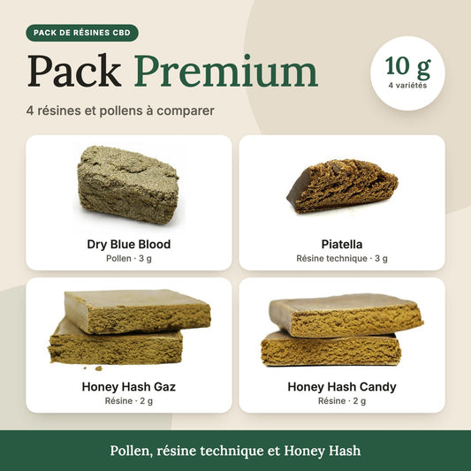 Pack Résines CBD Premium – 4 variétés (10 g) : Dry Blue Blood, Piatella, Honey Hash Gaz et Honey Hash Candy